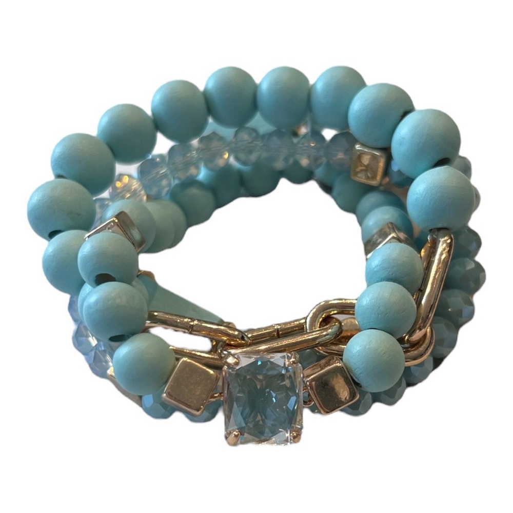 Women’s Gem & Wood Mint/Gold 4-Strand Stretchy bracelet Set NWT